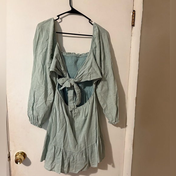 Altar'd State Sage Green Peasant Sleeve Mini Dress with Bow Back. Size Large. - Picture 2 of 9